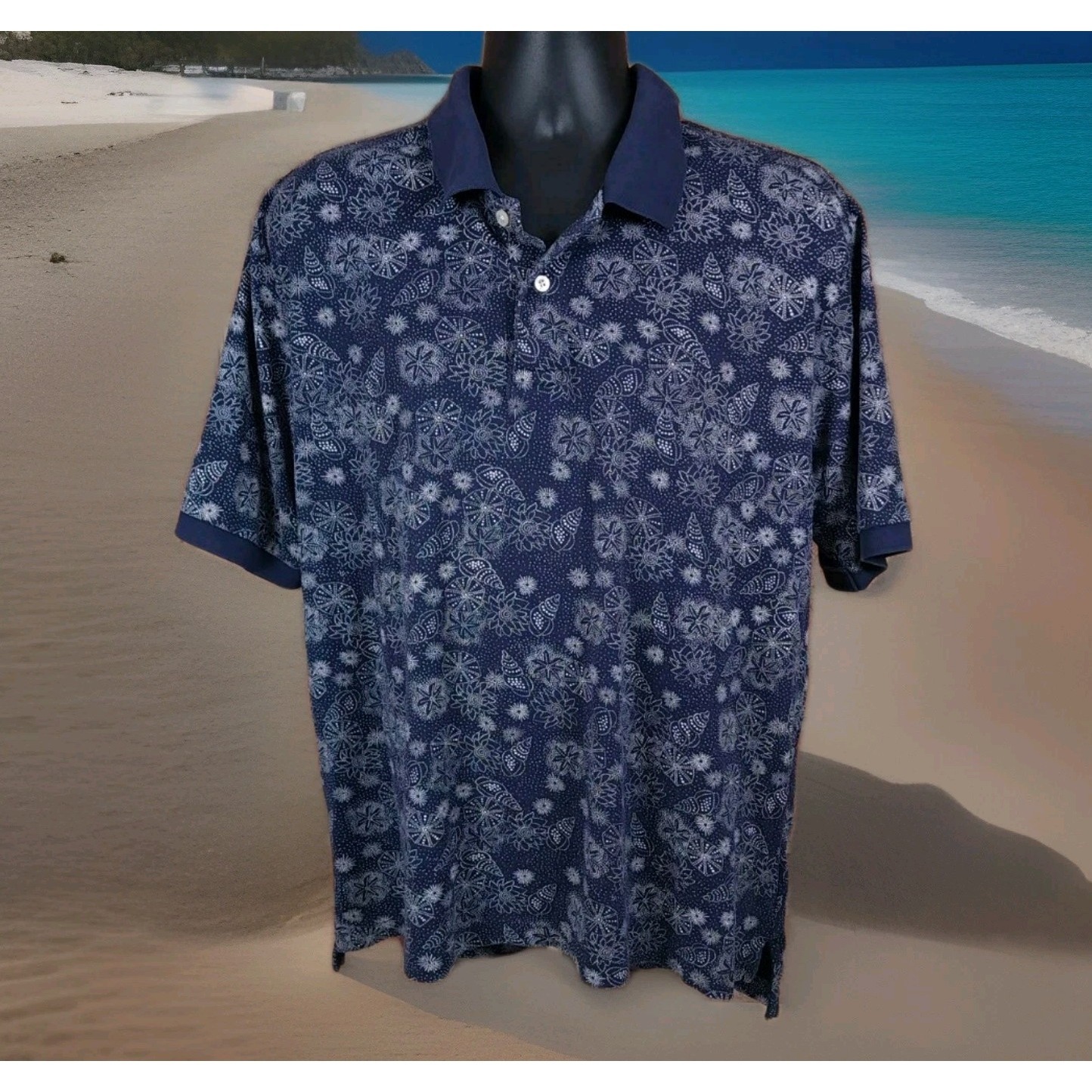 Brooks Brother Polo Shirt Mens L Pima Cotton Golf Navy Floral Seashell Print
